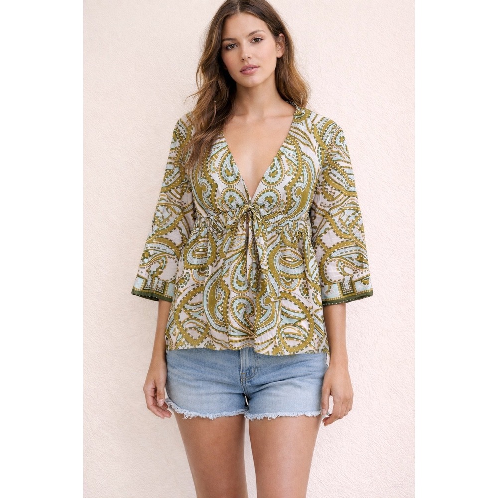 J.Crew Womens Paisley Cotton Empire Waist Tie Front Tunic Boho Peasant XS
